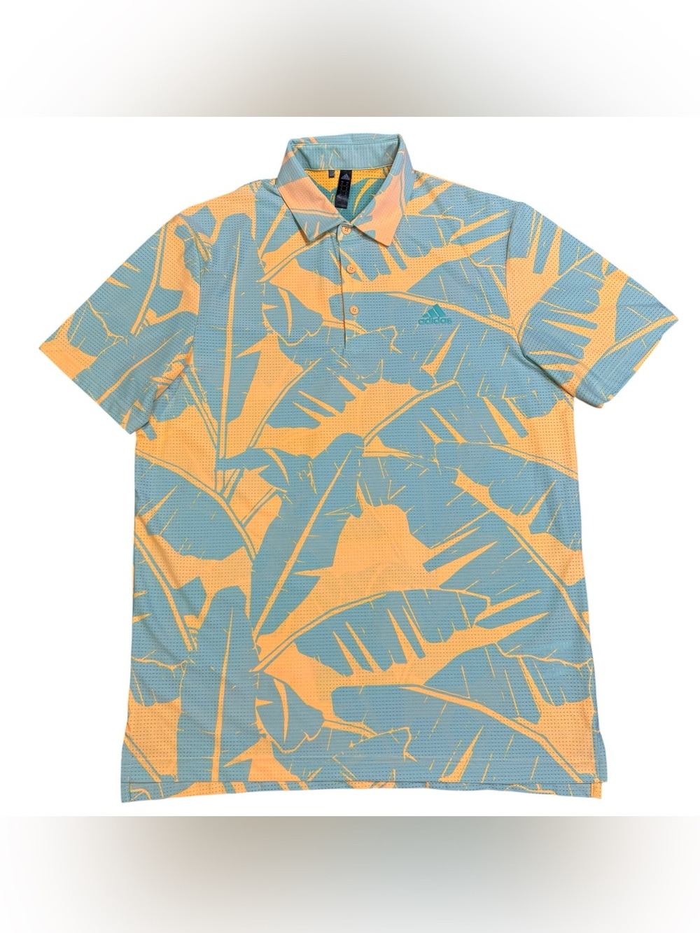 Adidas Golf Shirt Mens M Palm Leaf Vibes Print Polo Mesh Acid Orange / Acid Mint